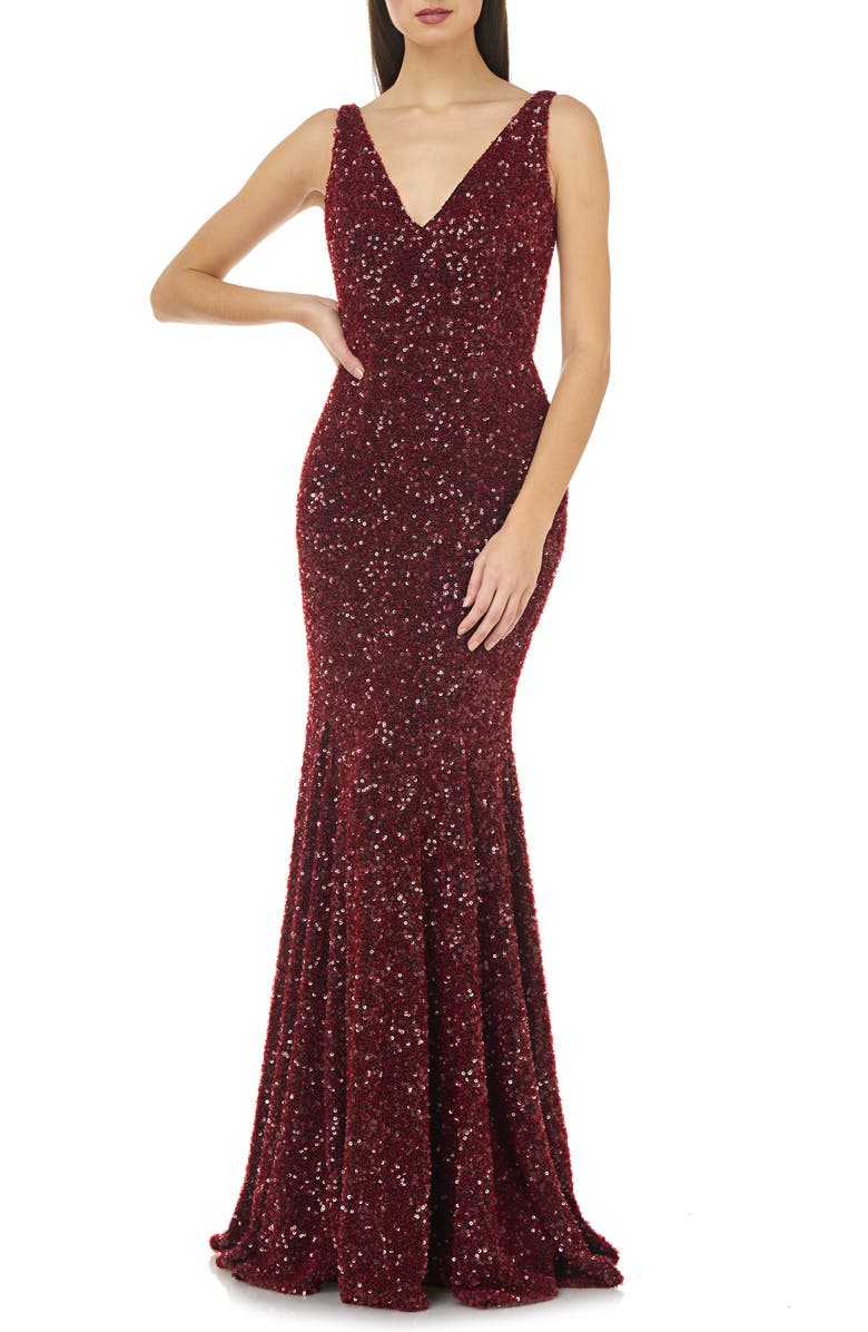 Carmen Marc Valvo Infusion Sequin V-Neck Mermaid Gown, Main, color,