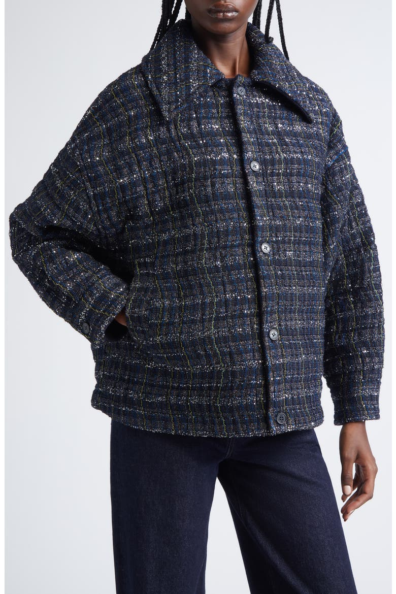 Padded Metallic Wave Check Overshirt, Alternate, color, BLACK AND BLUE