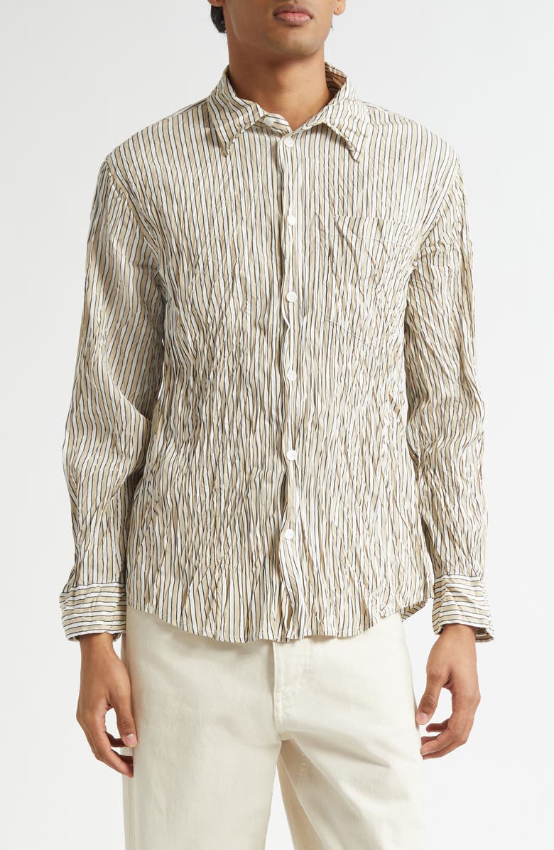 Bottega Veneta Crushed Technical Cotton Poplin Button-Up Shirt, Main, color, 8773 Beige/ White/ Black