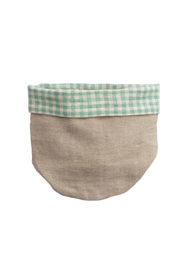 Creative Co-Op Handwoven Linen Bread Basket with Gingham Lining, Aqua and Natural, Alternate, color, Blue