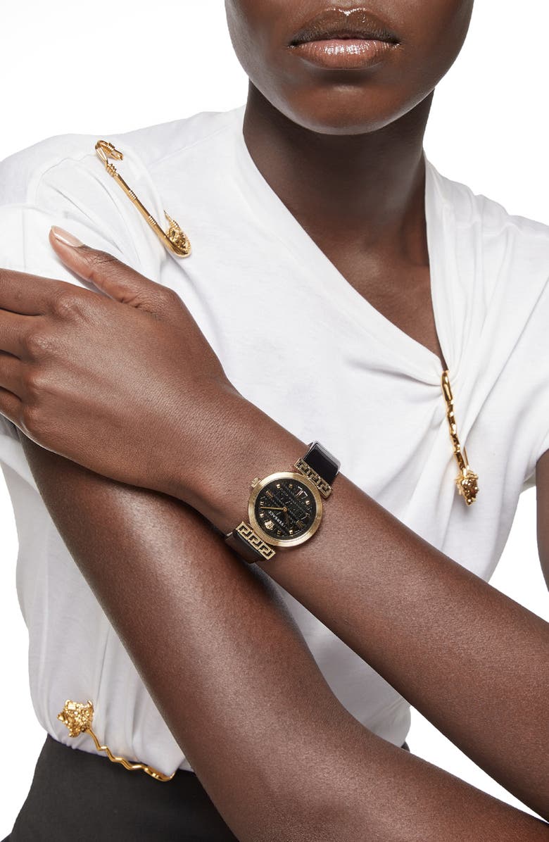 Versace Greca Detailed Leather Strap Watch, 34mm, Alternate, color, 