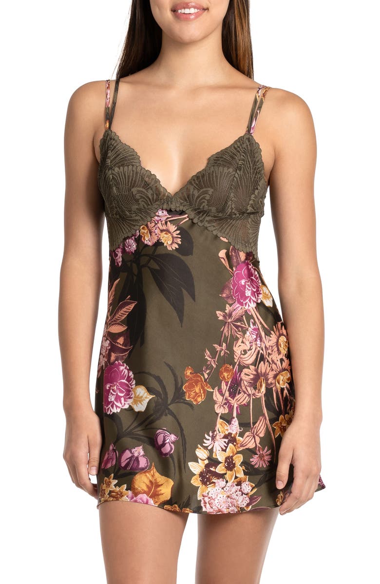 Midnight Bakery Lace Trim Floral Print Satin Chemise, Main, color, 