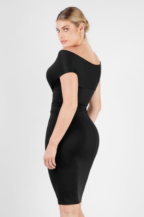 Popilush Shapewear Ruched Off-shoulder Sculpting Midi Dress In Midnight Black