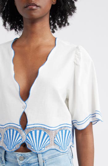 Venice Shell Embroidered Cotton & Linen Crop Top