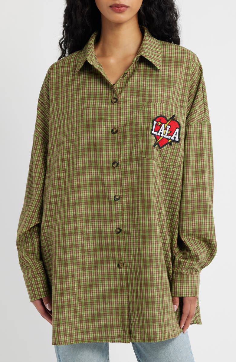 Dressed in Lala Soul Searching Cotton Button-Up Shirt, Alternate, color, Green Plaid