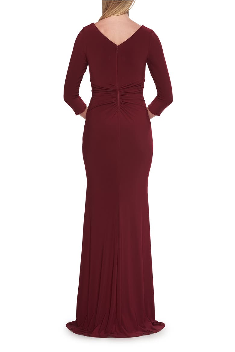 V-Neck Ruched Gown with Three-Quarter Sleeves, Alternate, color, Wine