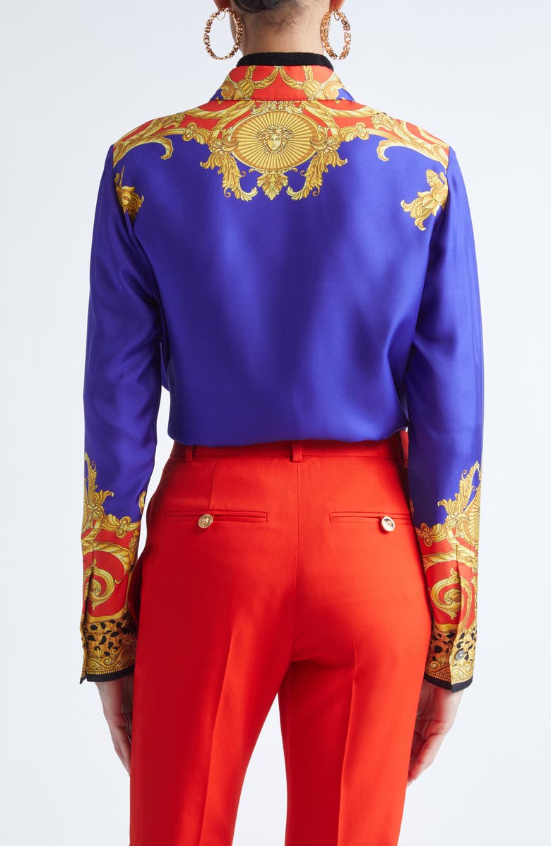 Versace Formal Cheetah Barocco Print Silk Button-Up Shirt, Alternate, color, Ultramarine Scarlet