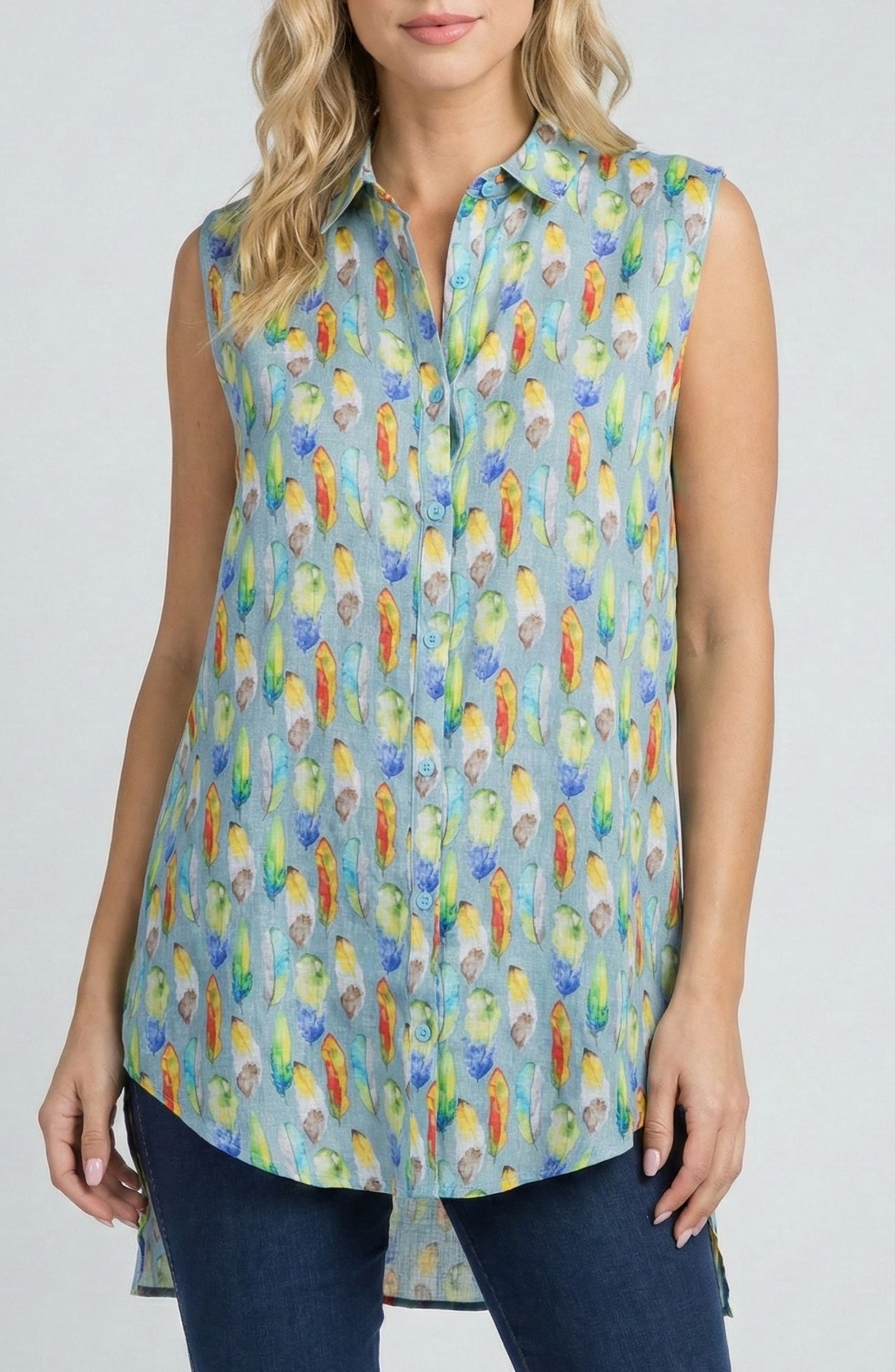 Sleeveless Linen Button-Up Shirt
