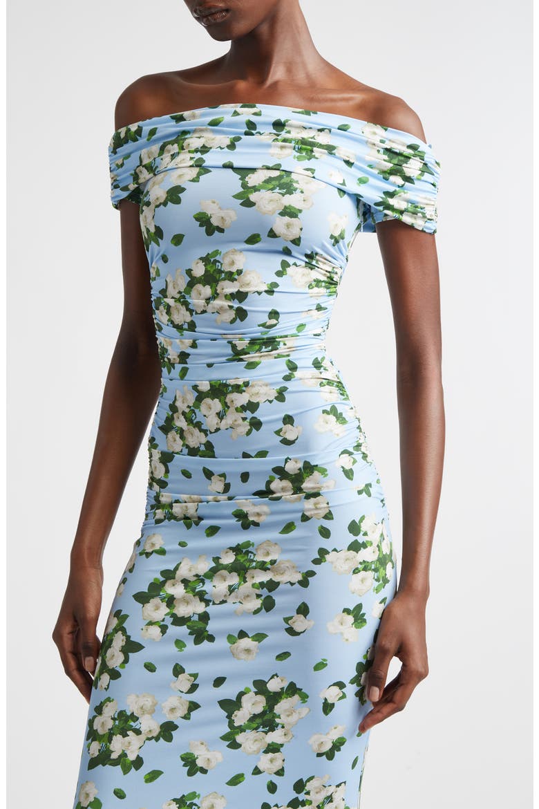 Floral Print Ruched Off the Shoulder Jersey Dress, Alternate, color, CLOUDY BLUE MULTI