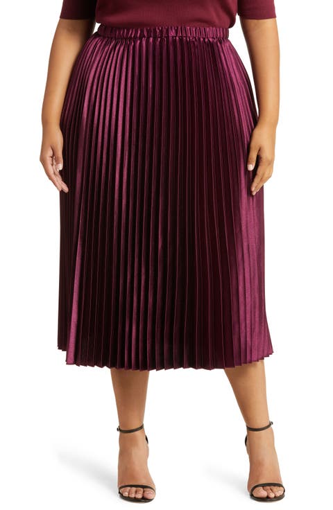 Pleated Satin Midi Skirt (Plus)