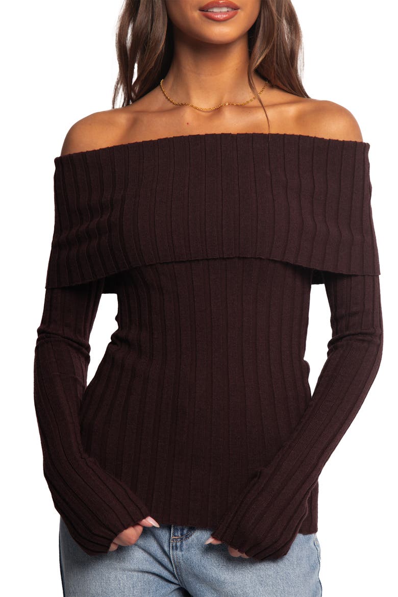 Inora Foldover Off the Shoulder Rib Sweater, Alternate, color, CHOCOLATE