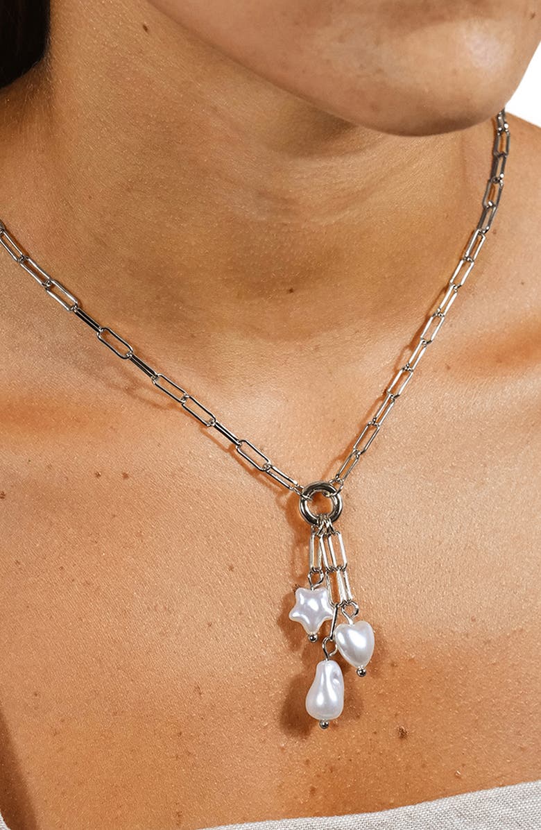 Sterling Forever Sabrina Mixed Pearl Charm Necklace, Alternate, color, Silver