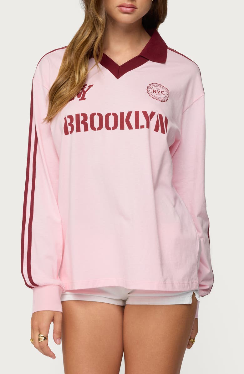 EDIKTED Brooklyn Johnny Collar Cotton Graphic T-Shirt, Main, color, Light-Pink