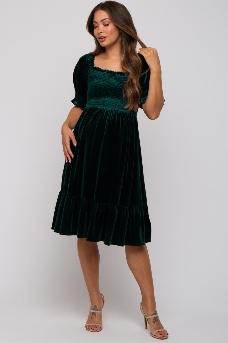 Velvet Smocked Puff Sleeve Dress, Alternate, color, Forest Green