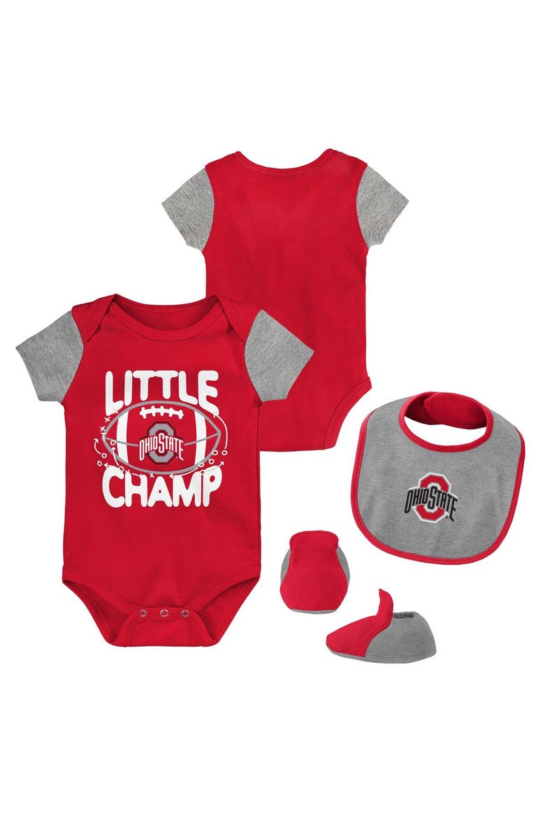 Newborn & Infant Scarlet/Heather Gray Ohio State Buckeyes Little Champ Bodysuit Bib & Booties Set, Main, color, Scarlet