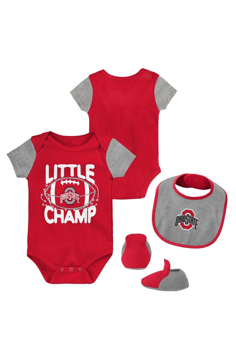 Outerstuff Newborn & Infant Scarlet/Heather Gray Ohio State Buckeyes Little Champ Bodysuit Bib & Booties Set, Main, color, 