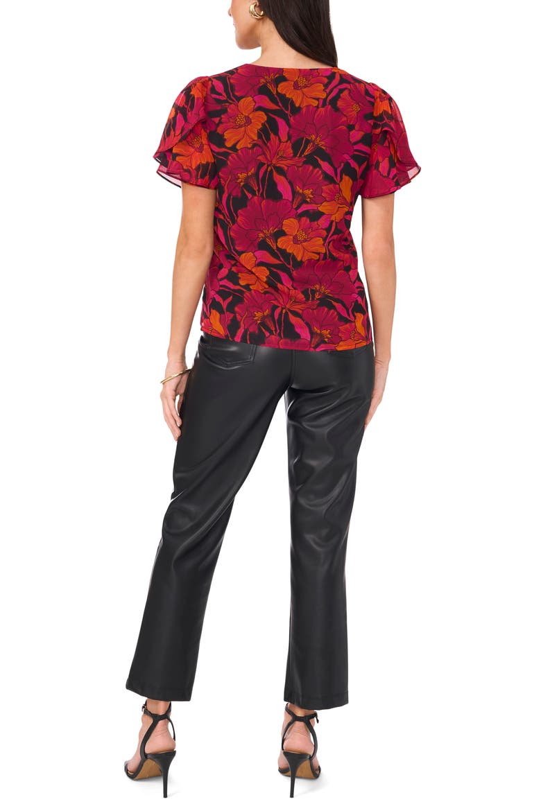 Floral V-Neck Ruffle Sleeve Top, Alternate, color, CHERRY NOIR