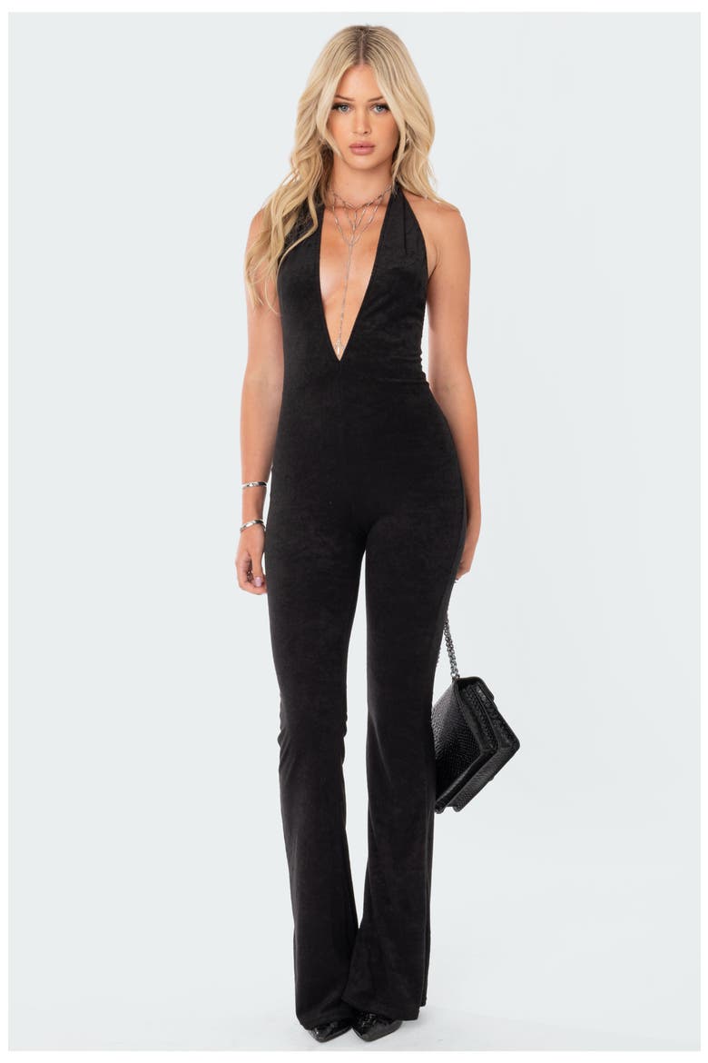 Terri Halter Wide Leg Velvet Jumpsuit, Alternate, color, BLACK
