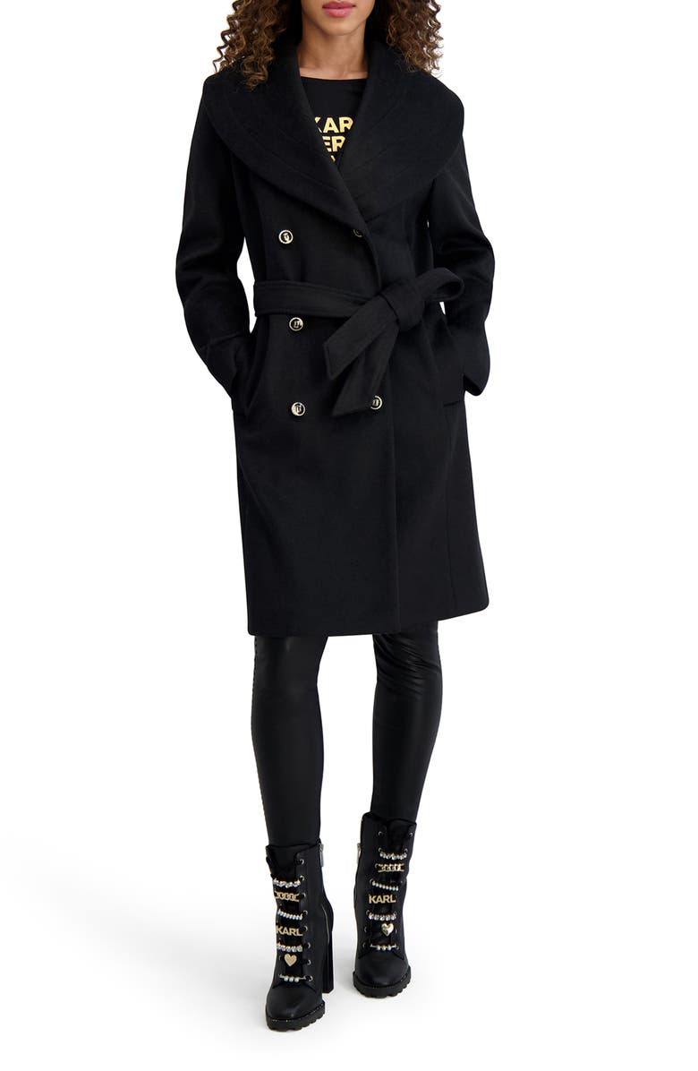 KARL LAGERFELD PARIS Shawl Collar Wool Blend Coat, Main, color, Black