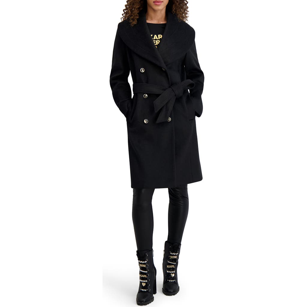 Karl Lagerfeld Paris Shawl Collar Wool Blend Coat In Black