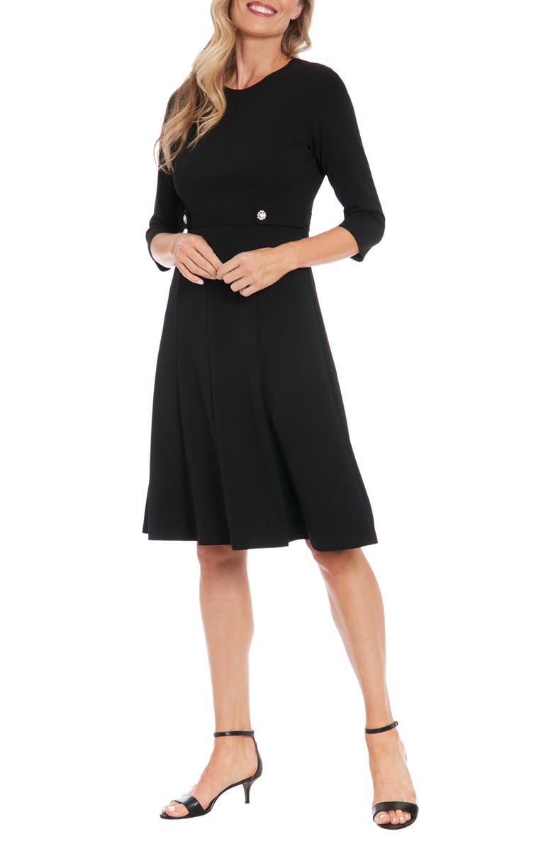 London Times Rhinestone Side Tab Three Quarter Sleeve Fit & Flare Dress, Alternate, color, Black
