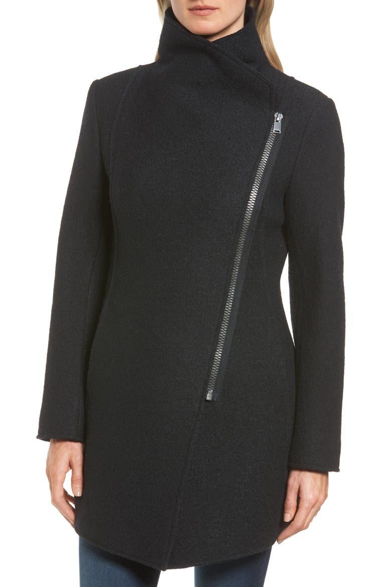Asymmetrical Zip Boiled Wool Blend Coat, Alternate, color, BLACK