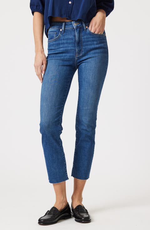Viola Raw Hem High Waist Ankle Straight Leg Jeans (Mid Brushed Flex Blue)