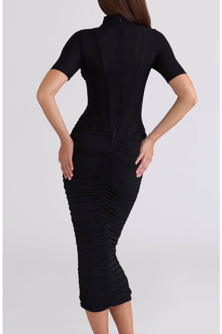 Sorrel Corset Stretch Mesh Midi Dress, Alternate, color, BLACK