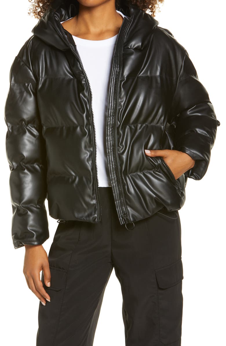 BY.DYLN Austin Faux Leather Hooded Puffer Jacket, Main, color, 