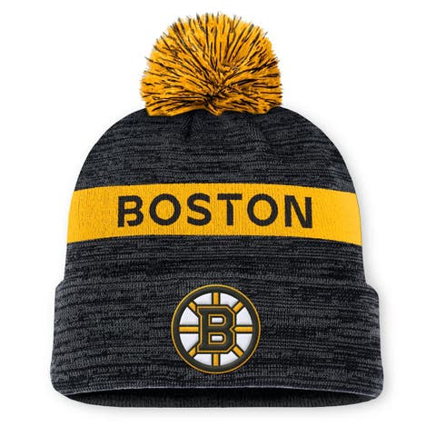 Men's Fanatics Black/Gold Boston Bruins Authentic Pro Rink Cuffed Knit Hat with Pom