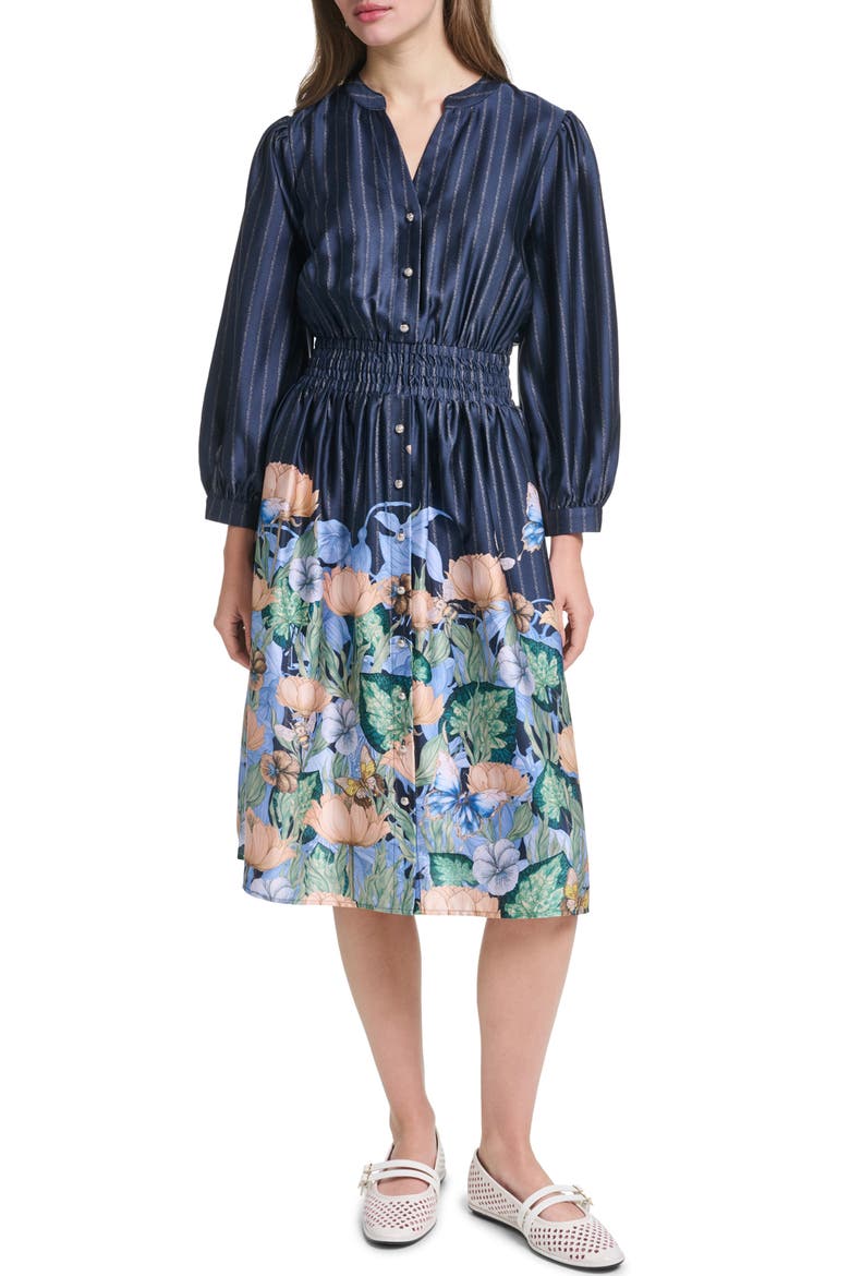 Striped Floral Three-Quarter Sleeve Dress, Main, color, NAVAL ACADEMY MULTI