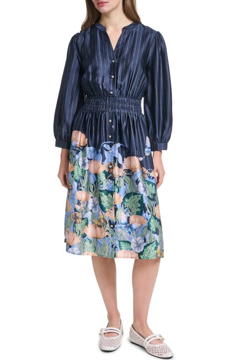 Striped Floral Three-Quarter Sleeve Dress