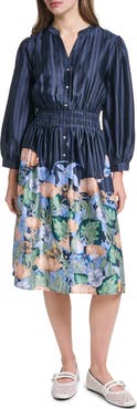 KARL LAGERFELD PARIS Striped Floral Three-Quarter Sleeve Dress