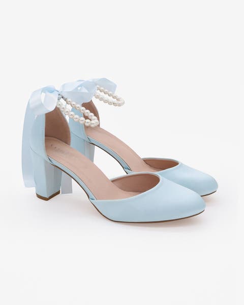 Sarah Satin Wedding Block Heel with All Pearls Ankle Strap