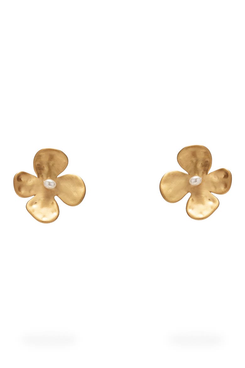 Lucky Mini Imitation Pearl Stud Earrings, Main, color, BRUSHED BRASS