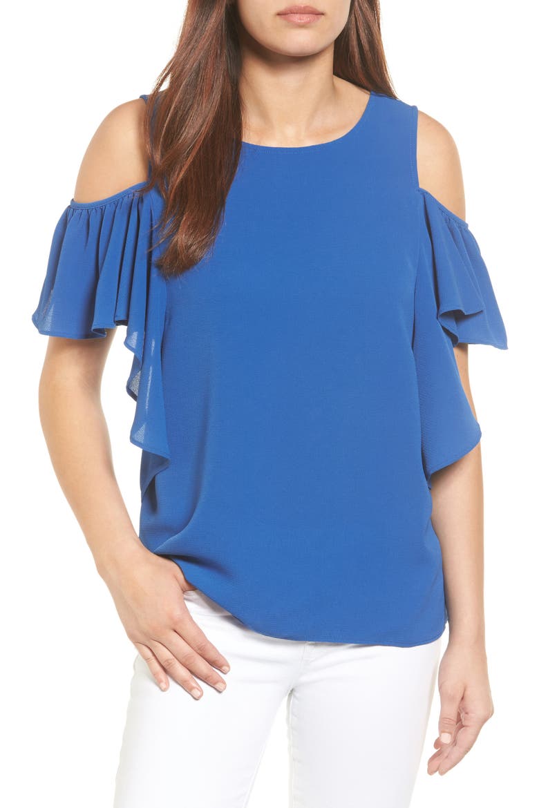 Cold Shoulder Ruffle Sleeve Top, Main, color, ROYAL