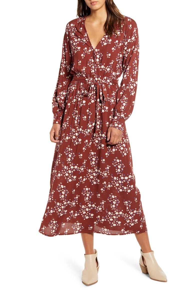Floral Print Long Sleeve Midi Dress, Main, color, WINE-BLUE