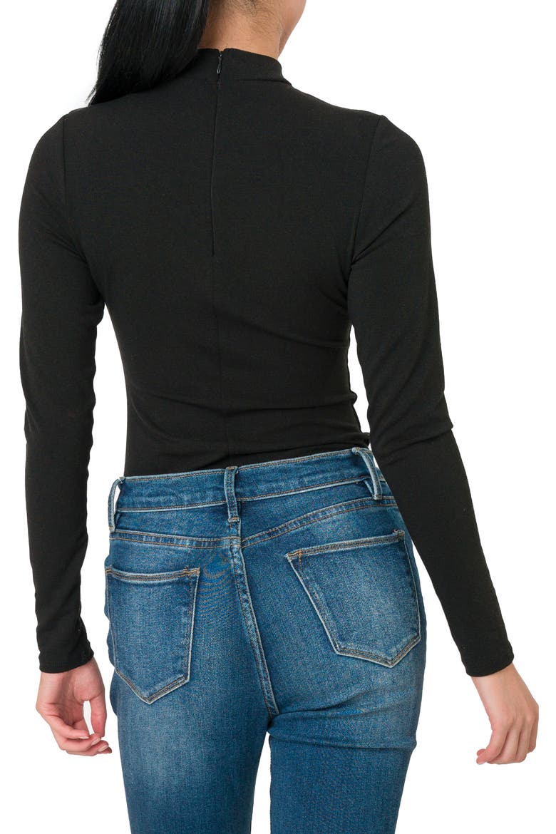 Mock Neck Long Sleeve Thong Bodysuit, Alternate, color, BLACK