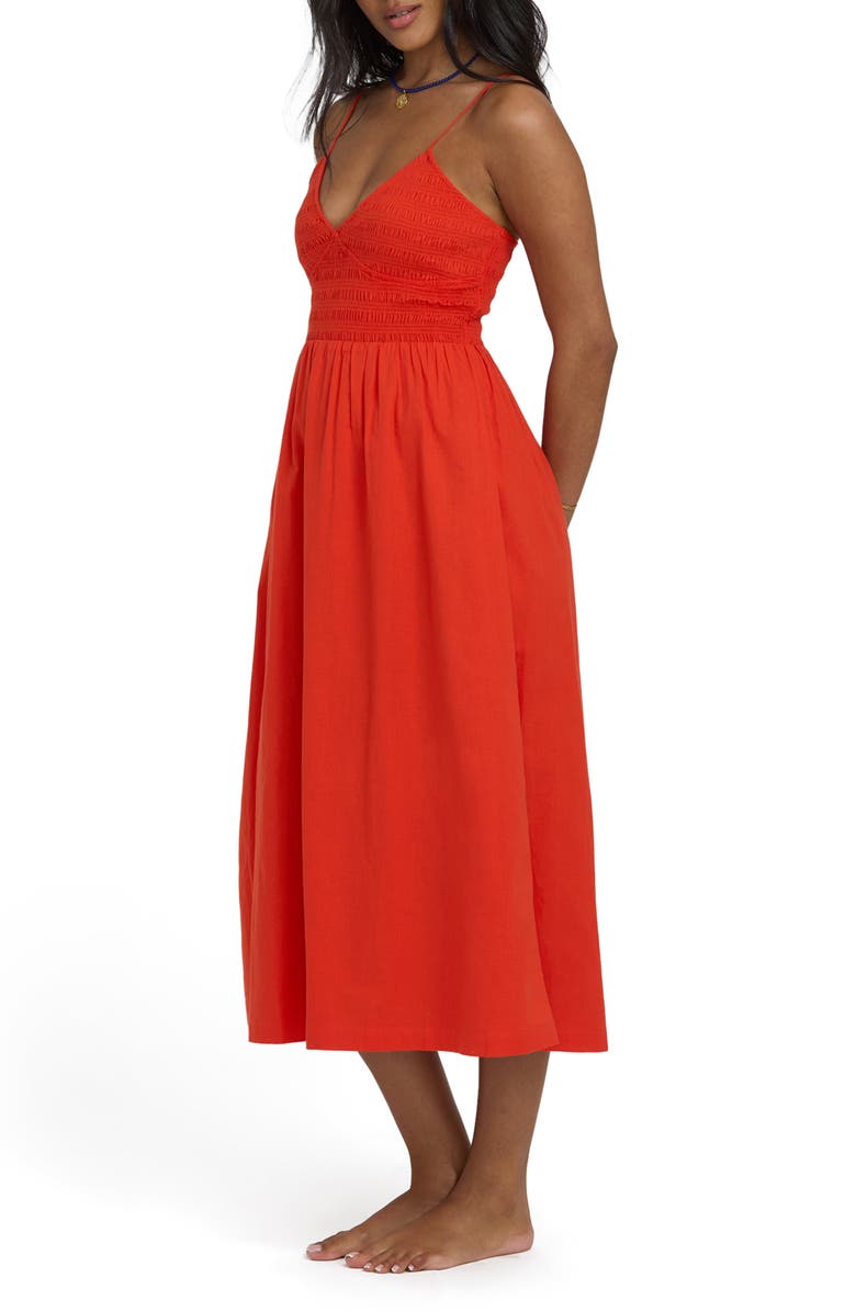Billabong Such a Trip Smocked Bodice Cotton Midi Dress, Alternate, color, Red Aloha