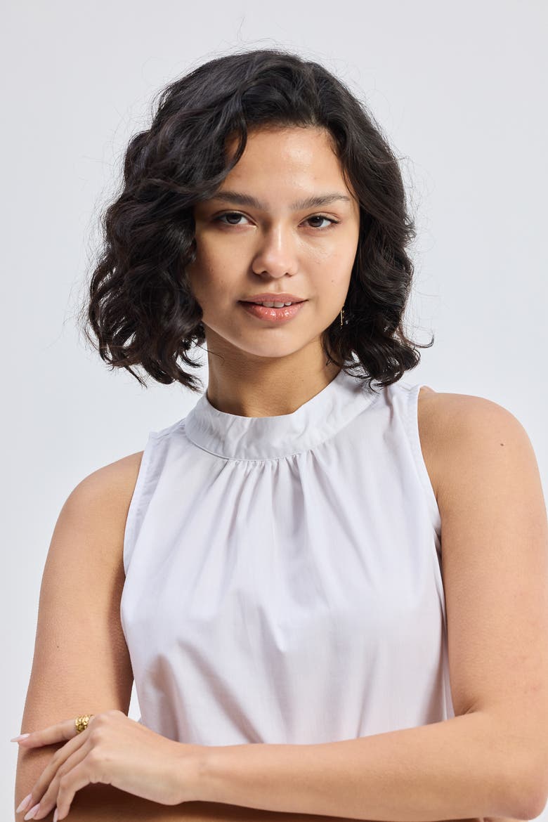 High-Neck Top with Gathers, Alternate, color, White