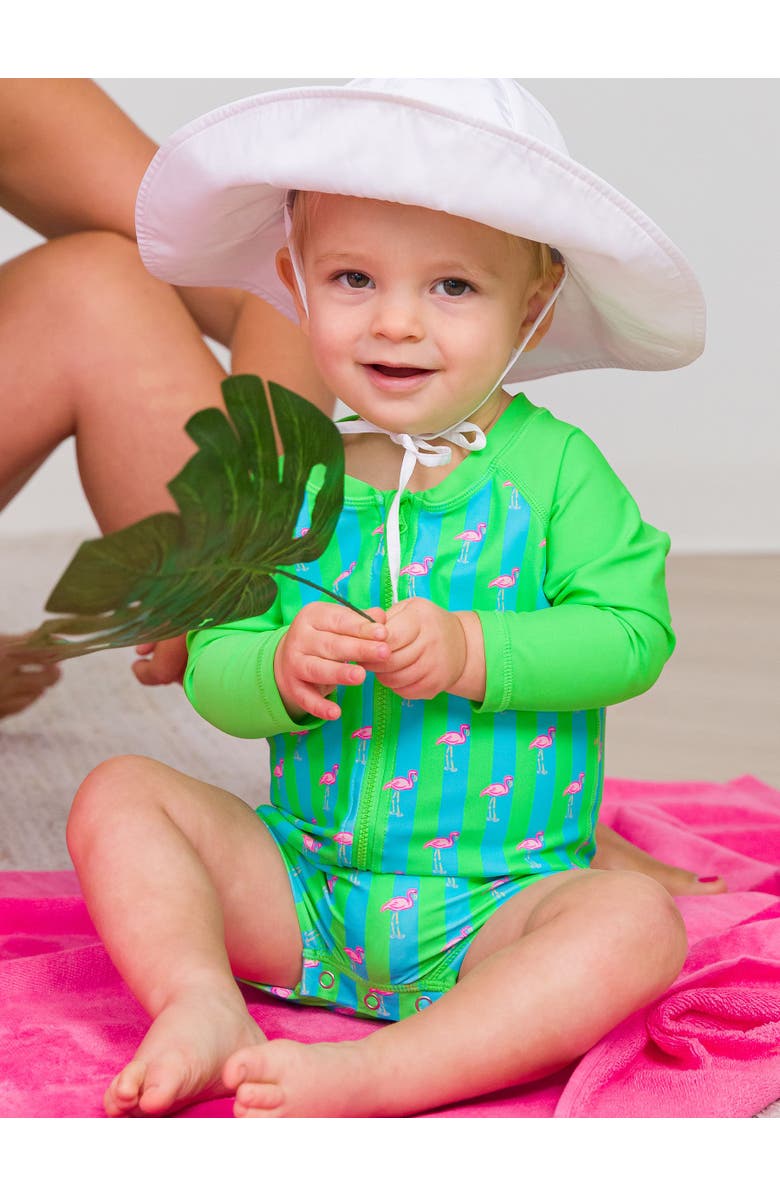 RuggedButts Boys Long Sleeve One Piece Rash Guard, Alternate, color, Neon Flamingo Stripe