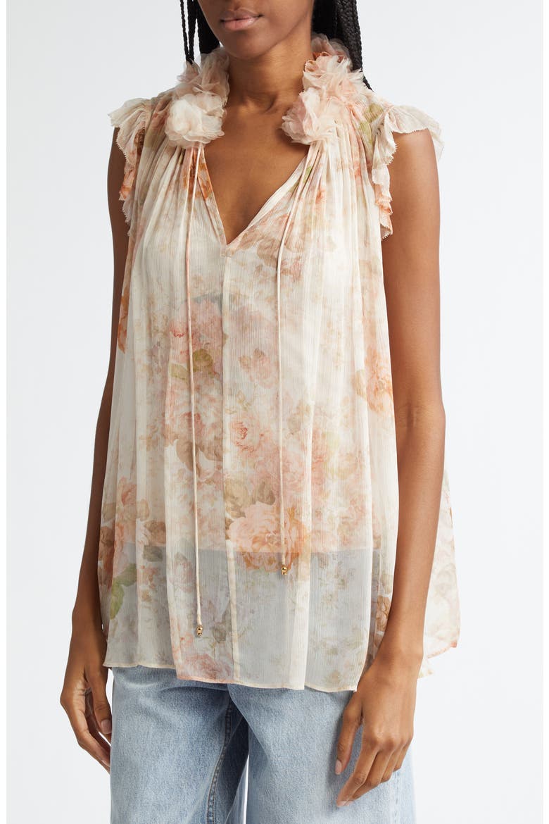 Frilled Cap Sleeve Top, Alternate, color, CREAM ROCOCO FLORAL