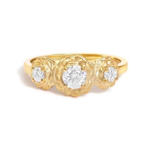 14K Yellow Gold Plated Sterling Silver 1/2 Ctw Lab Grown Diamond Floral 3-Stone Ring