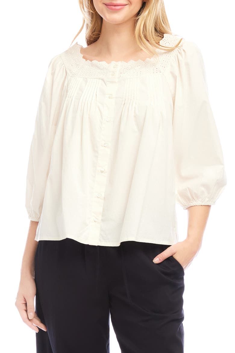 Embroidered Scallop Cotton Button-Up Shirt, Main, color, CREAM