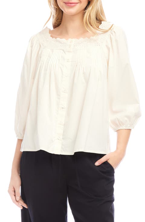 Embroidered Scallop Cotton Button-Up Shirt