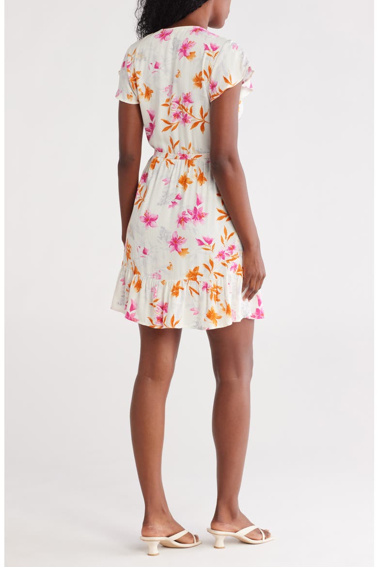 Floral Flutter Sleeve Wrap Dress, Alternate, color, IVORY/ FUSCHIA