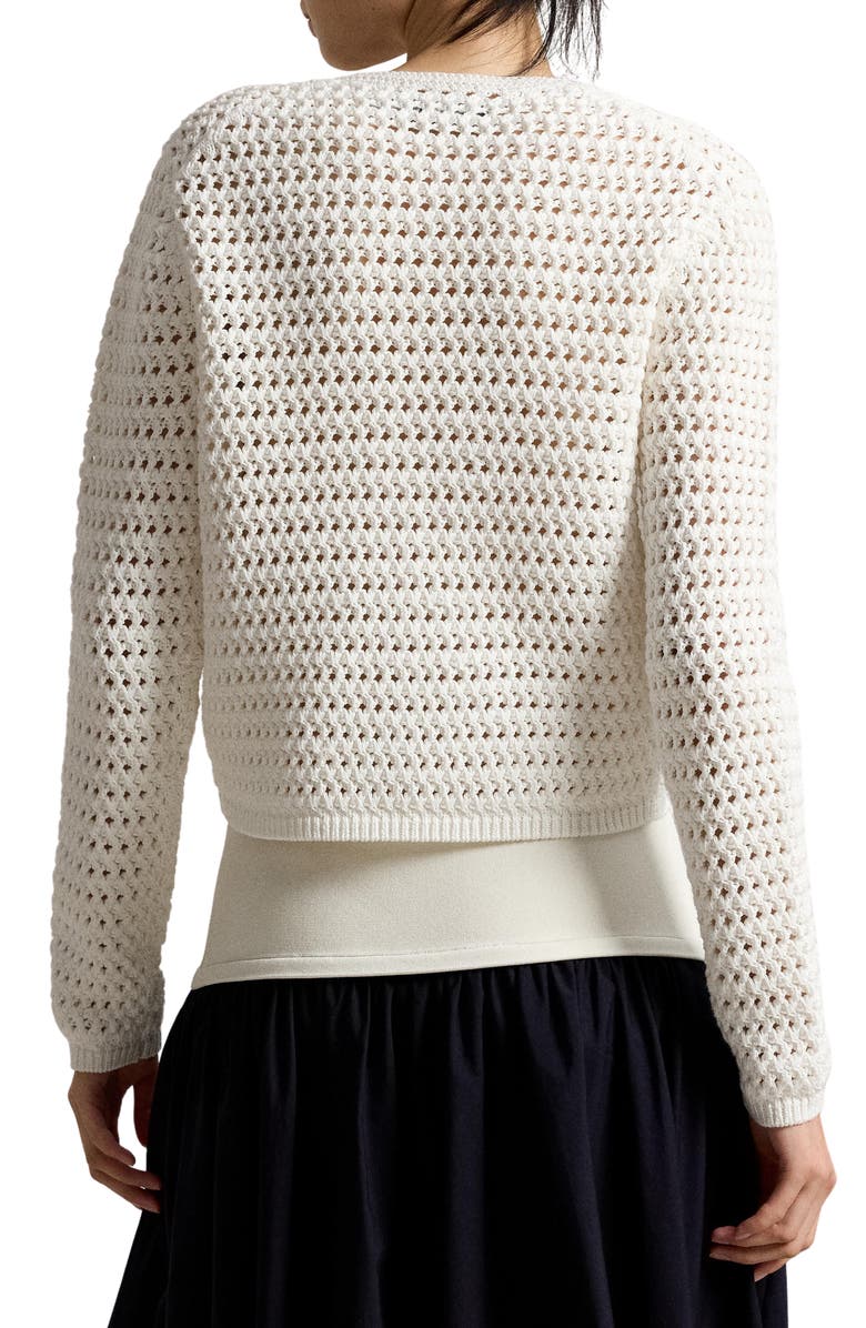 Polo Ralph Lauren Big Pony Button-Up Cotton Crochet Crop Cardigan, Alternate, color, White