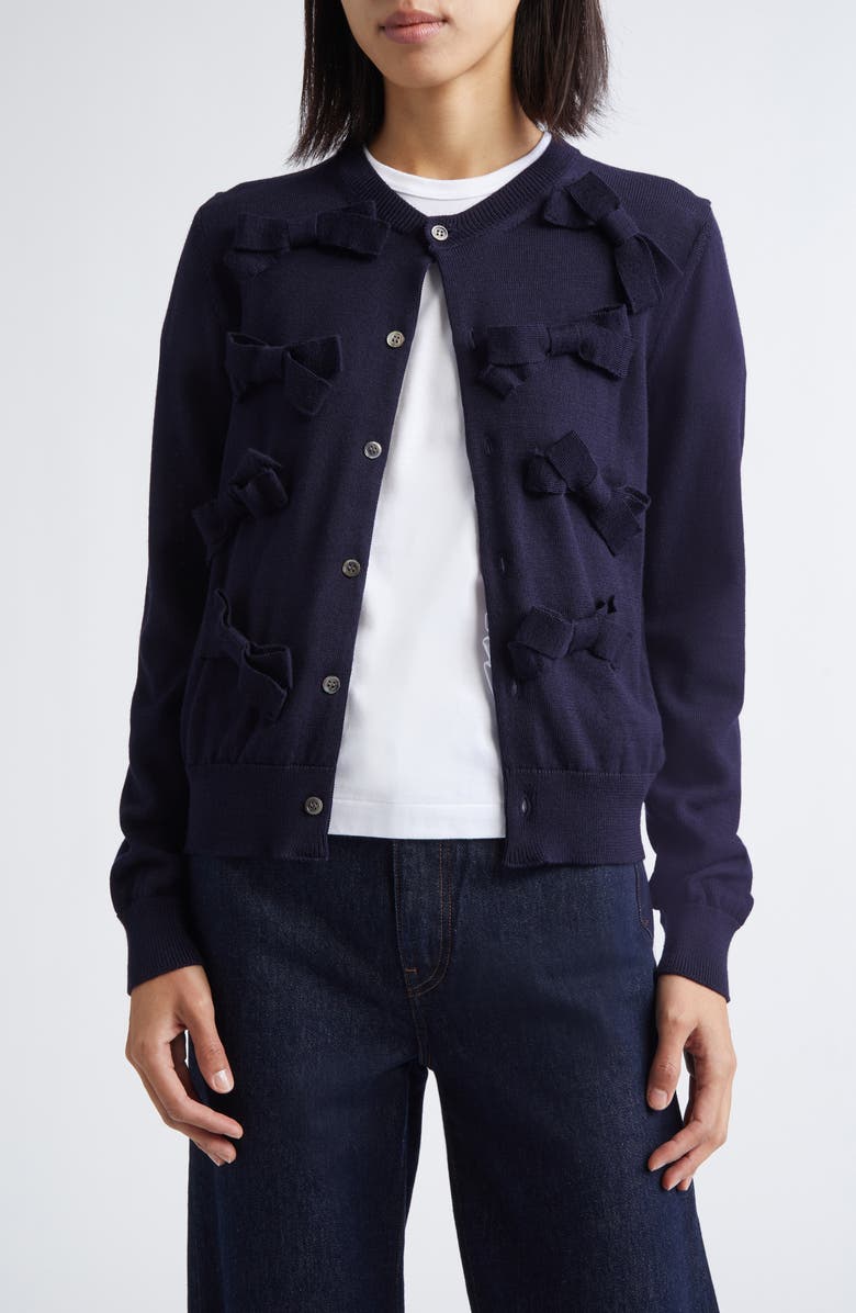 Comme des Garçons Girl Ribbon Bow Wool Cardigan, Main, color, Navy