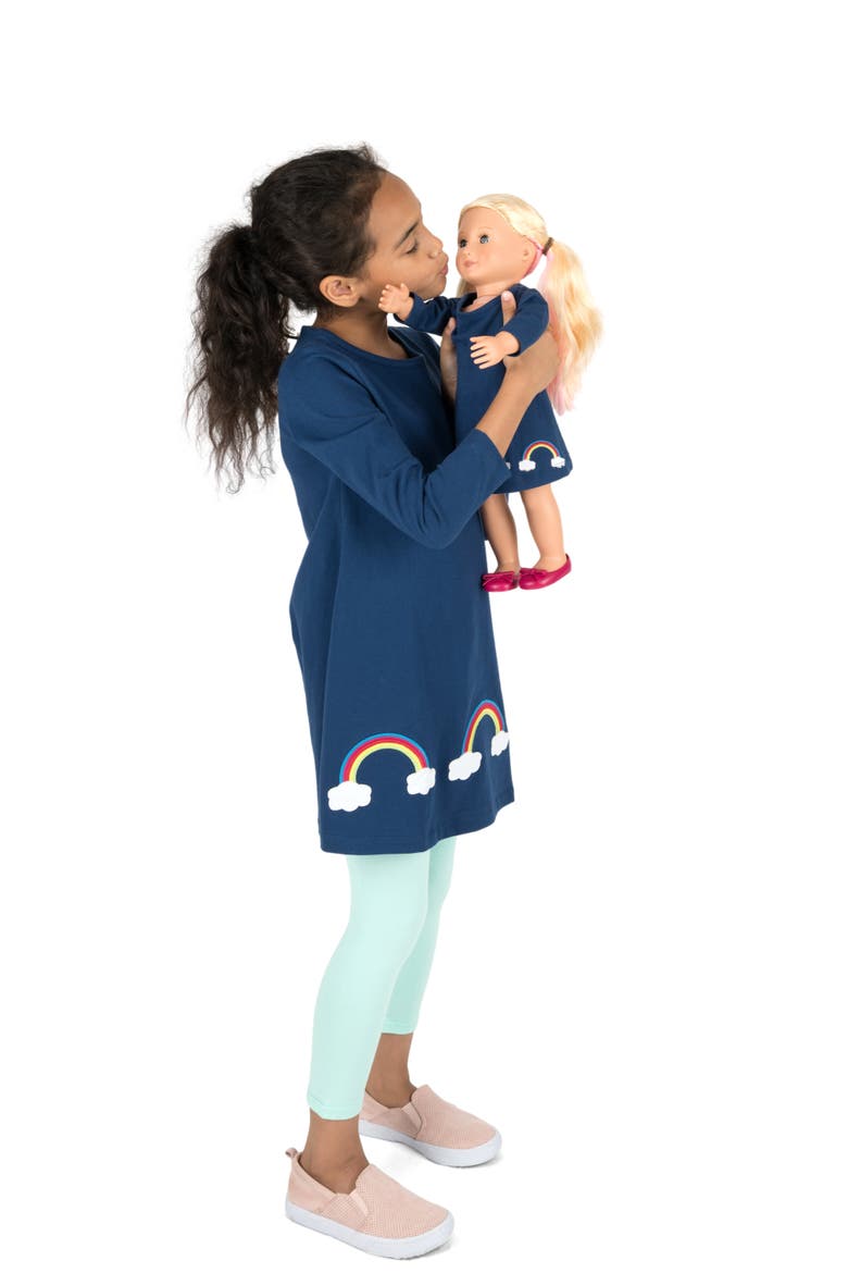 Girls Cotton Dress with Matching Doll Dress, Printed Design, Alternate, color, RAINBOW