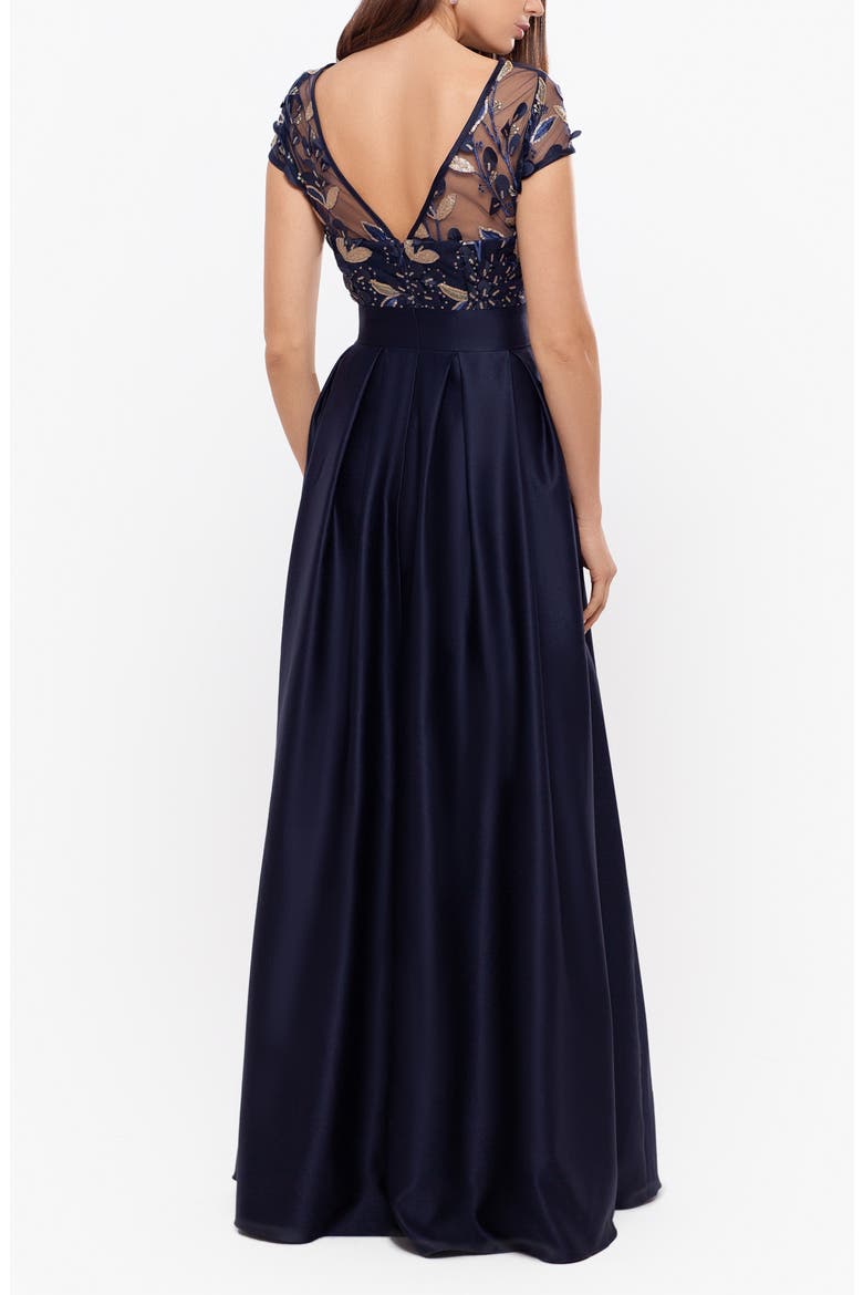 Xscape 3D Flower Bodice Satin Ballgown, Alternate, color, NAVY/ GOLD